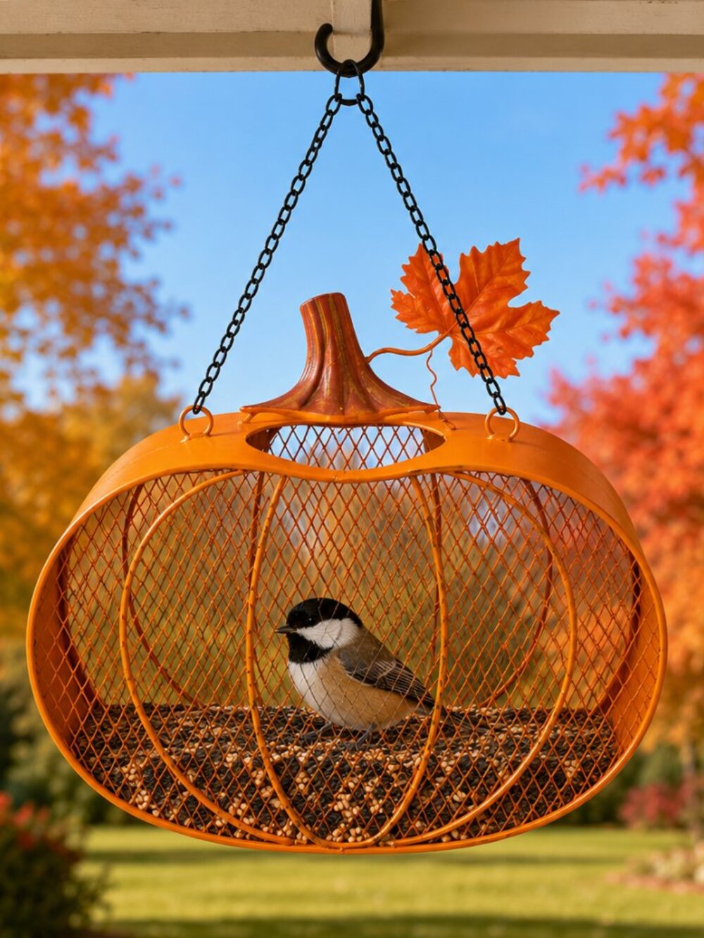 Marigold Orange Pumpkin Metal Hanging Bird Feeder Fall Decor